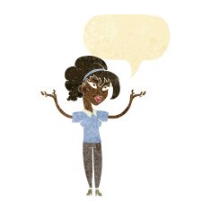 cartoon woman raising hands in air with speech bubble N2