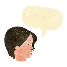 cartoon female face with narrowed eyes speech bubble