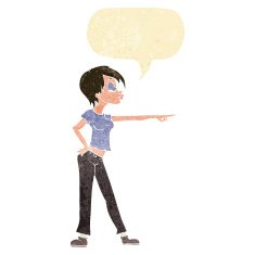 cartoon hip woman pointing with speech bubble