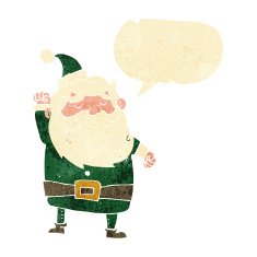 cartoon santa claus punching air with speech bubble
