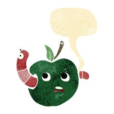 cartoon worm in apple with speech bubble