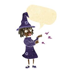 cartoon witch casting spell with speech bubble N2