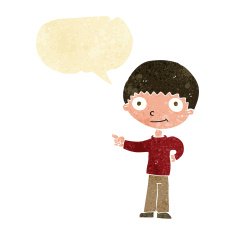 cartoon happy boy pointing with speech bubble N2