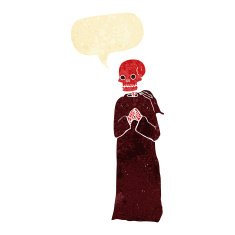 cartoon spooky skeleton in robe with speech bubble