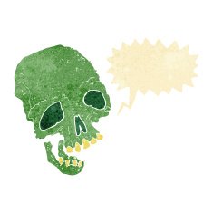cartoon ancient spooky skull with speech bubble