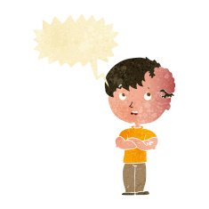 cartoon boy with growth on head speech bubble