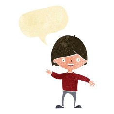 cartoon waving boy with speech bubble