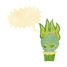 cartoon spooky skull cupcake with speech bubble