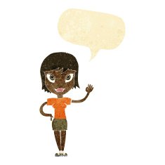 cartoon woman waving with speech bubble N13