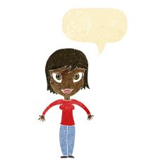 cartoon woman shrugging shoulders with speech bubble N12