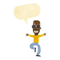 cartoon old man wearing big glasses with speech bubble