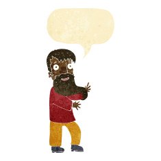 cartoon excited bearded man with speech bubble