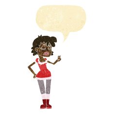 cartoon woman making dismissive gesture with speech bubble