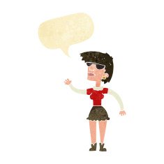 cartoon woman in spectacles waving with speech bubble N2
