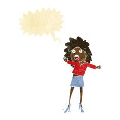 cartoon woman having trouble walking in heels with speech bubble