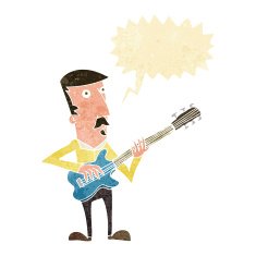 cartoon man playing electric guitar with speech bubble N3