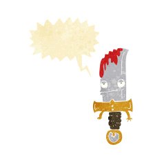 bloody knife cartoon character with speech bubble