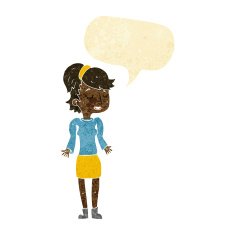 cartoon woman shrugging shoulders with speech bubble N14