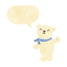 cartoon waving teddy polar bear with speech bubble