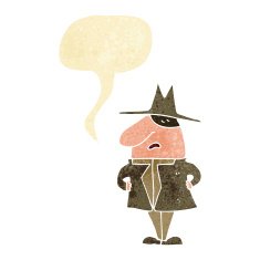 cartoon man in coat and hat with speech bubble N2