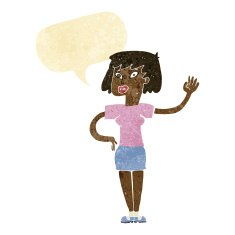 cartoon woman waving with speech bubble N15