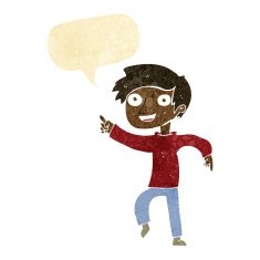 cartoon happy boy pointing with speech bubble N3