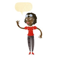 cartoon pilot woman waving with speech bubble