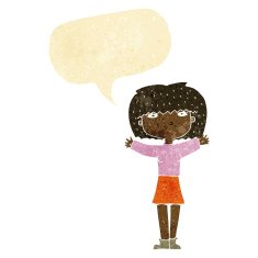 cartoon woman raising arms in air with speech bubble
