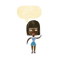 cartoon waving woman with speech bubble N7