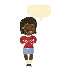 cartoon woman making excuses with speech bubble