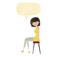 cartoon woman sitting on stool with speech bubble N3