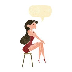cartoon woman sitting on stool with speech bubble N4