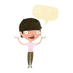 cartoon woman holding arms in air with speech bubble N2