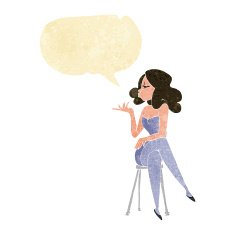 cartoon woman sitting on bar stool with speech bubble N2