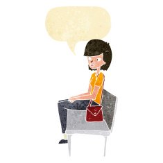 cartoon woman sitting on bench with speech bubble N2