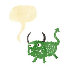 cartoon little demon with speech bubble N3