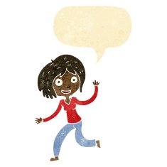 cartoon happy waving girl with speech bubble N2