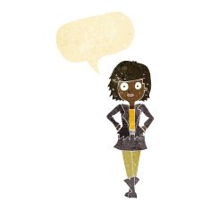 cartoon girl in jacket with speech bubble