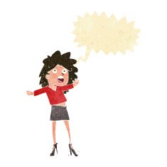 cartoon woman having trouble walking in heels with speech bubble N2