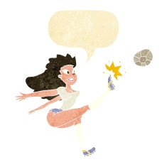 cartoon female soccer player kicking ball with speech bubble N2