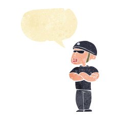 cartoon security guard with speech bubble