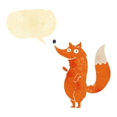 cartoon waving fox with speech bubble