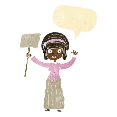 cartoon Victorian woman protesting with speech bubble