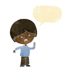 cartoon unhappy boy giving peace sign with speech bubble
