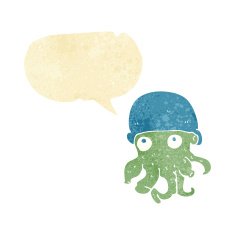 cartoon alien head wearing hat with speech bubble