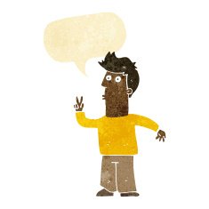 cartoon man giving peace sign with speech bubble N3