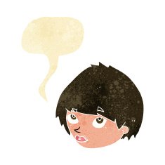 cartoon female face looking up with speech bubble