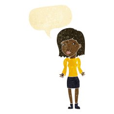cartoon woman shrugging shoulders with speech bubble N28