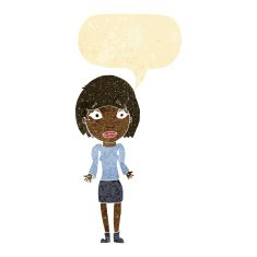 cartoon woman shrugging shoulders with speech bubble N29