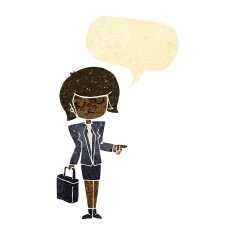 cartoon businesswoman pointing with speech bubble